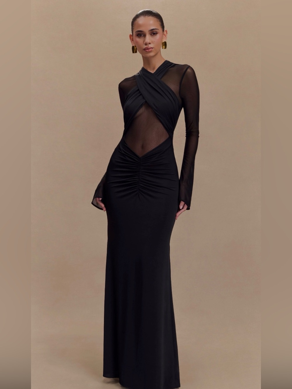 Black Maxi Long Sleeve Mesh Dress Like New